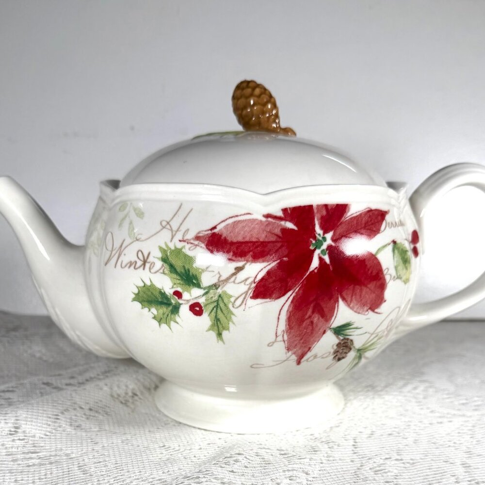 LENOX “Winter Meadow” Teapot & Pinecone Lid - Floral, Holly, Cursive Script, NEW
